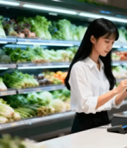 女性超市结账使用手机支付12086#横屏 