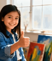 女孩在画室绘画后竖大拇指7229#横屏 