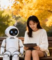 女孩与机器人公园长椅互动5369#横屏 
