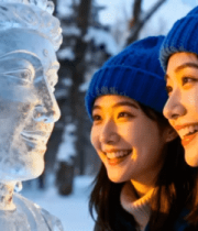 女孩冬日观赏冰雕2599#横屏 