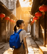 女孩古巷背背包漫步 ()4753#横屏 