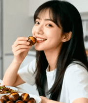 女孩厨房用餐微笑吃食物3256#横屏 