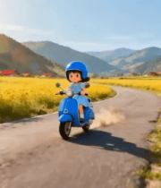 女孩骑蓝色摩托车穿行山间3486#横屏 