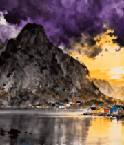 挪威山水间彩色小屋风景9159#横屏 