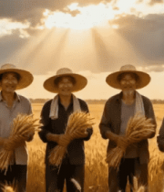 农民于麦田手持麦子合影15004#横屏 