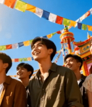 年轻人在节庆场地欢笑场景15079#横屏 