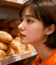 年轻女子在面包店挑选面包8282#横屏 