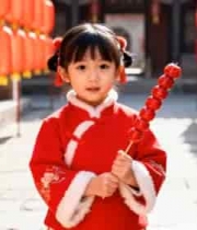  手持糖葫芦的红衣小女孩789#横屏 	 