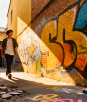 男子在涂鸦小巷中行走6096#横屏 
