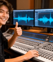 男子在录音室操作调音台(1)9244#横屏 