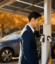 男子于太阳能充电桩旁站立14092#横屏 