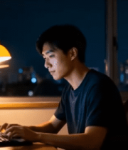 	 男子夜晚在家使用电脑办公1091#横屏 