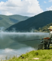 男子湖畔悠闲垂钓5490#横屏 