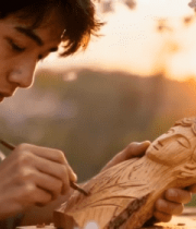 男子户外进行木雕创作8101#横屏 