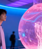 男子观赏科技感发光球体10498#横屏 