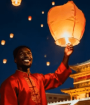 男子在古建筑前放飞孔明灯4797#横屏 