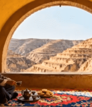 男子于窑洞内静坐观景5989#横屏 