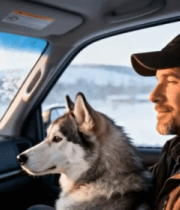 男子与哈士奇车内同望窗外9639#横屏 