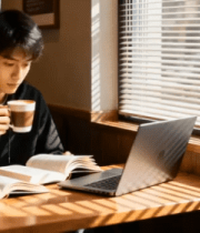 男子室内阅读喝咖啡用笔记本12183#横屏 