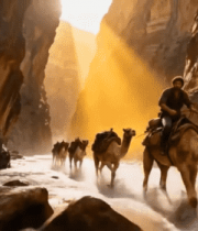 	 男子骑骆驼穿越峡谷溪流1560#横屏 