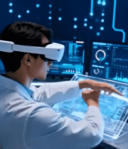 男子戴设备操作虚拟屏幕3741#横屏 