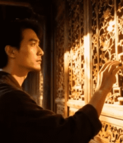 男子触摸古建筑雕花门窗11963#横屏 