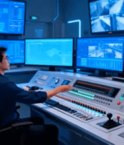 	 男子操作监控室多屏幕设备7419#横屏 