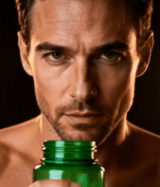 男性手持绿色瓶子特写14574#横屏 