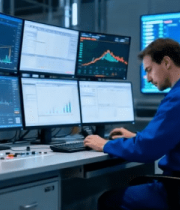 男子操作多屏监控金融数据11018#横屏 