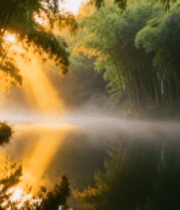 	 竹林阳光洒落湖面风景2815#横屏 