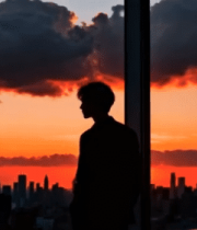 男人夕阳下眺望城市剪影12972#横屏 