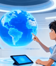 男孩操作虚拟地球科技场景8415#横屏 