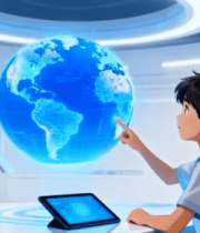 男孩操作虚拟地球科技场景8415#横屏 