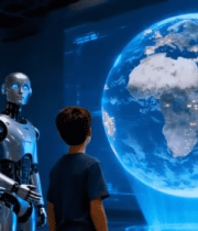 男孩与机器人注视虚拟地球11933#横屏 