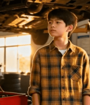 男孩在汽修车间仰望汽车6531#横屏 