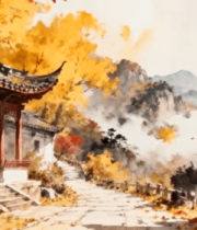 中式古建秋景山水意境画面10408#横屏 