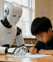 男孩与机器人在教室互动学习13305#横屏 