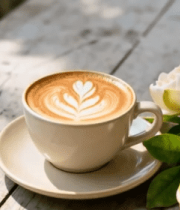 木桌上的咖啡与花卉特写13688#横屏 