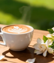 	 木桌上的咖啡与茉莉花14330#横屏 