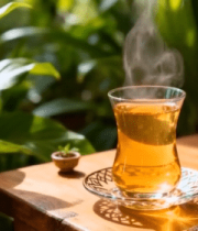 木桌玻璃杯中热气腾腾的茶6924#横屏 