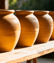 木桌上摆放的手工陶瓷陶罐11095#横屏 