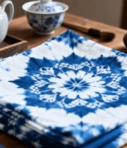 木桌上的蓝白扎染布与茶具420#横屏 