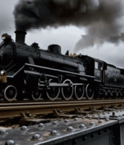 	 蒸汽火车行驶在铁轨桥上13281#横屏 