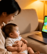 	 母亲与婴儿沙发上看动画255#横屏 