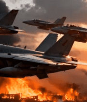 	 战斗机夕阳下飞越燃烧城市10217#横屏 