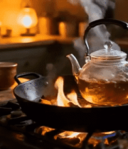 炉灶上煮茶的茶壶与茶杯14242#横屏 