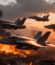 战斗机夕阳下飞越燃烧城市10217#横屏 