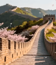 长城景区盛开樱花自然风光10667#横屏 