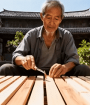 老人于古建筑前进行木工劳作12011#横屏 