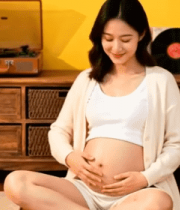 孕妇室内盘腿坐抚摸肚子4749#横屏 